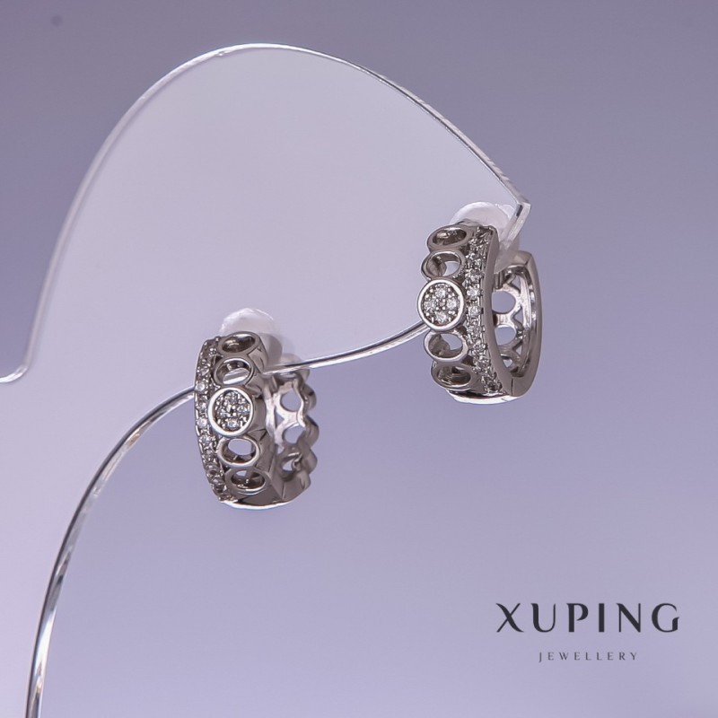 Серьги Xuping с белыми стразами 5×12 мм, родиевое покрытие