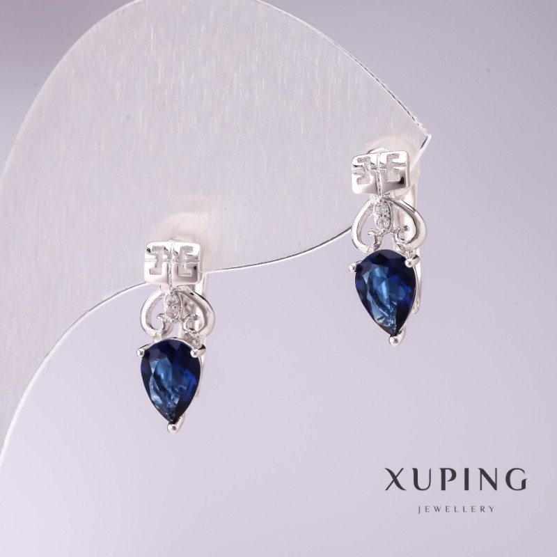 Серьги Xuping с синими камнями 15×5 мм родий